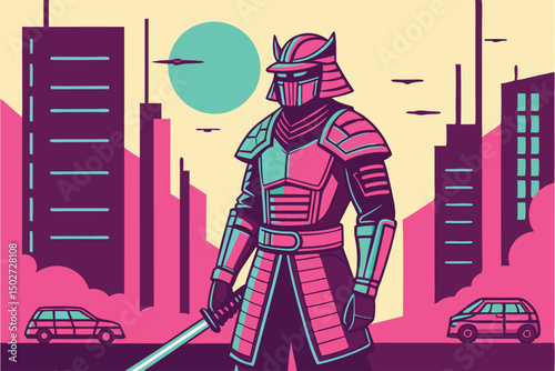 Futuristic Samurai Warrior Art Cyberpunk Japanese Sci-Fi Illustration
