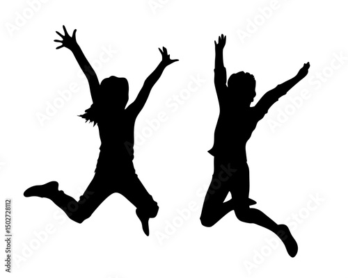 Happy Jumping People Silhouette Vector, Group Celebration Jump Pose  Illustration

