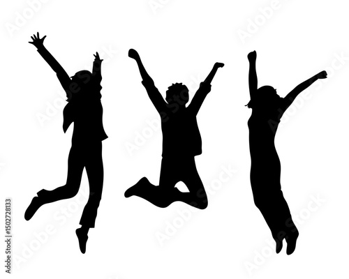 Happy Jumping People Silhouette Vector, Group Celebration Jump Pose  Illustration

