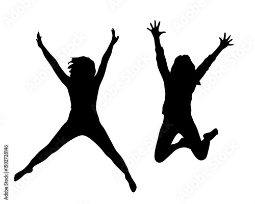 Happy Jumping People Silhouette Vector, Group Celebration Jump Pose  Illustration

