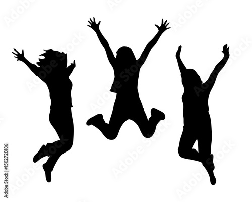 Happy Jumping People Silhouette Vector, Group Celebration Jump Pose  Illustration

