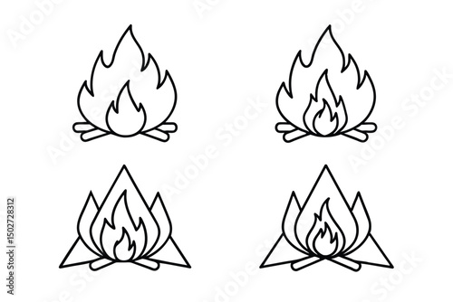 Four simple fire and campfire icons isolated on white background