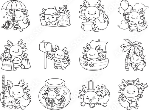 Outline of Illustration of cute axolotl activities icon.
Lineart of Funny pink axolotl in daily routine stickers.
