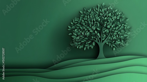3D render of a stylized green tree set on a layered, wavy green landscape.
