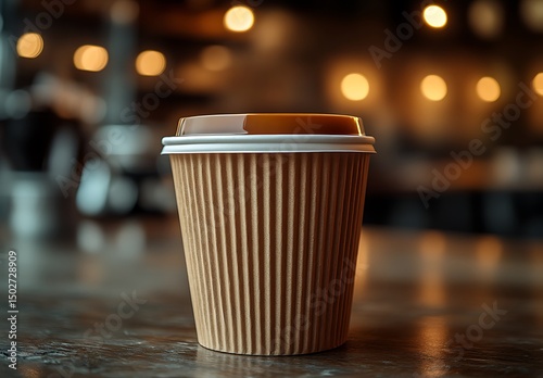 Brown corrugated coffee cup mockup on wooden table

 photo