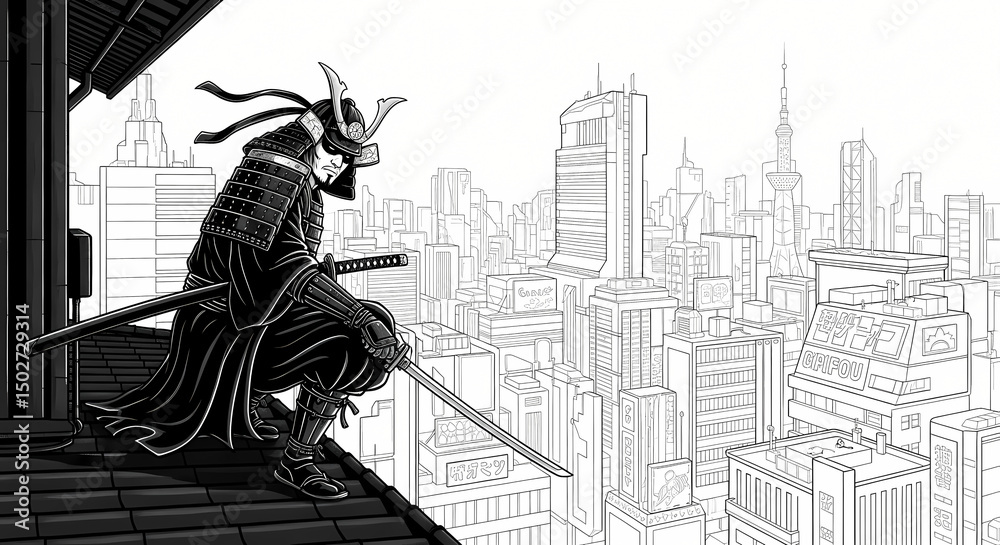 Obraz premium Detailed Line Art Samurai Warrior Stands Guard Over Futuristic Cityscape Illustration