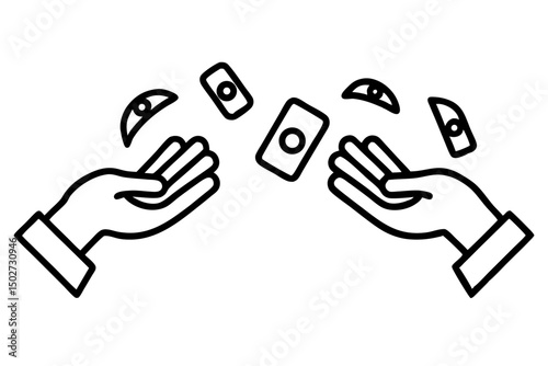 A collection of minimalist business and finance line icons in black outline style. This vector set includes icons of handshakes, giving and receiving money, charity donations, holding coins, financial