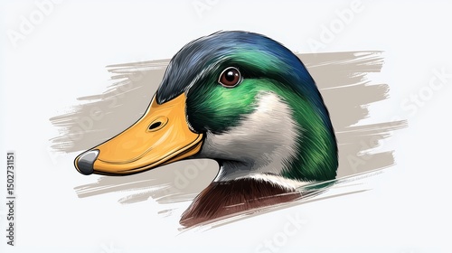 Detailed Mallard Duck Head Profile, Green and Orange, Neutral Painted Background