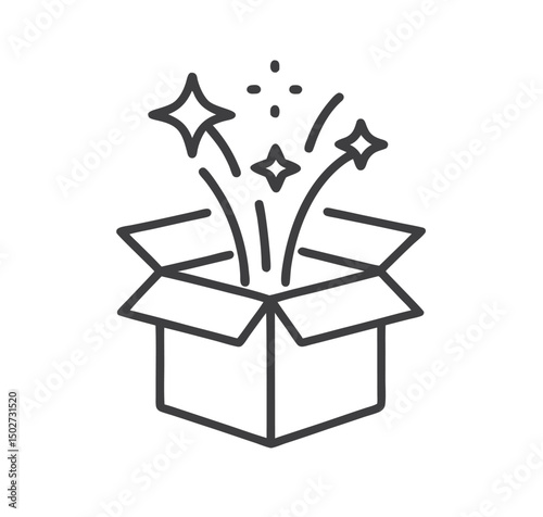 Gift box open icon in line style, Magic box and magic stars, Surprise symbol. vector illustration
