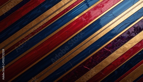 Diagonal Stripes of Red, Blue, and Gold with Cracked Texture Bac