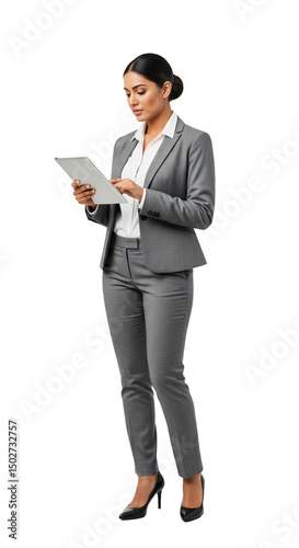 Professional Businesswoman Engaged in Digital Interaction While Standing in Formal Attire with Tablet in Hand, Isolated on Transparent Background, PNG