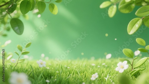 A serene green landscape with fresh grass, white flowers, and lush leaves
