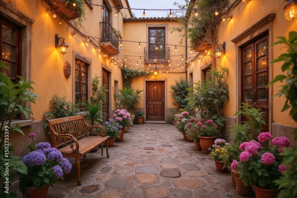Obraz premium walkway lined with potted plants and a bench