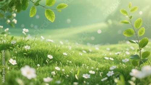A serene meadow with fresh green grass, white flowers, and young leaves under a bright sun