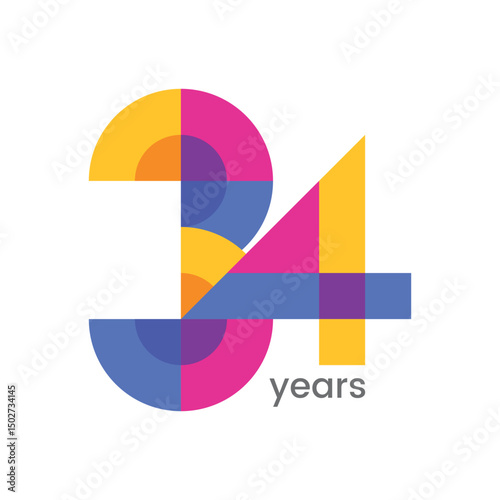 logo 34th years anniversary celebration with colorful design, Modern geometric style. 
