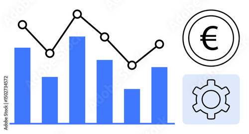 Bar chart with blue bars and a line graph, euro currency circle, and gear icon. Ideal for financial analysis, data tracking, business growth, operations, economy, investments simple landing page