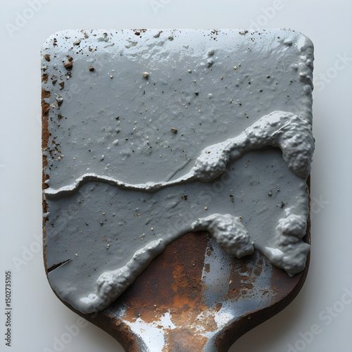 A close-up of a brick trowel covered with wet mortar, representing masonry work in progress, realistic detail on white background.