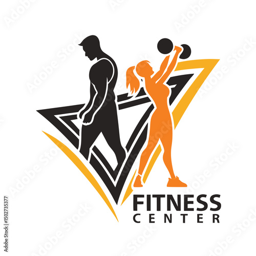 Fitness Gym logo design template with exercising athletic man and woman isolated on white, vector illustration
