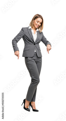 Professional Businesswoman in Tailored Suit Presenting with Positive Energy and Confidence, Isolated on Transparent Background, PNG