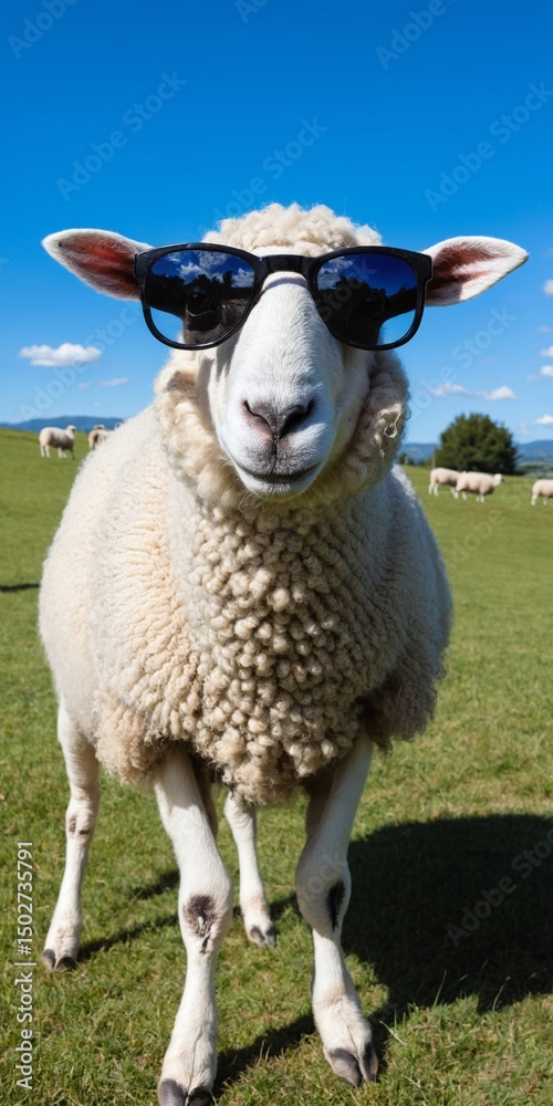 Fototapeta premium Funny sheep stands confidently wearing sunglasses on green grass meadow.