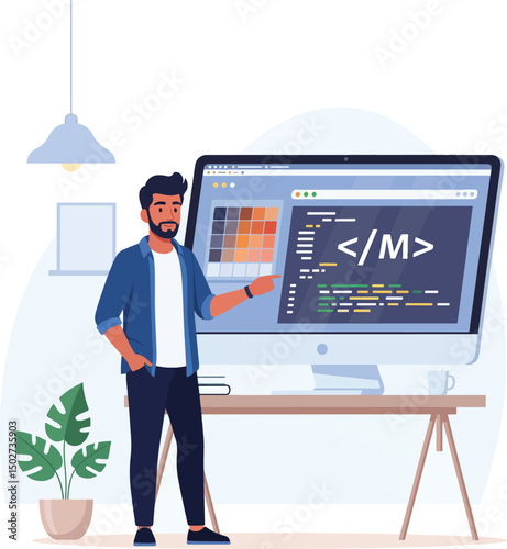 A developer standing in front of a giant computer monitor showing a color palette and one large line of HTML code..eps