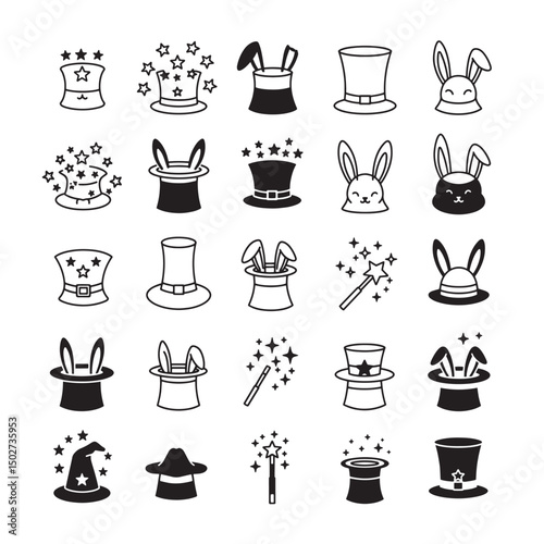 Collection of magic hats and rabbits in minimalist black and white line art style
