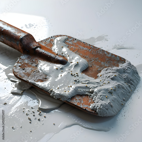 A close-up of a brick trowel covered with wet mortar, representing masonry work in progress, realistic detail on white background.