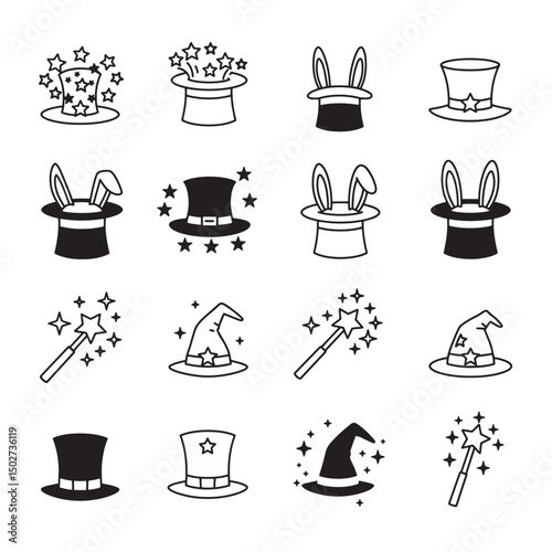 Collection of magical hats magic wands and symbols illustrated in simple black and white style