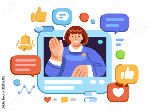 Influencer interacts with their followers using social media. Marketing and content creation, webinar, conference