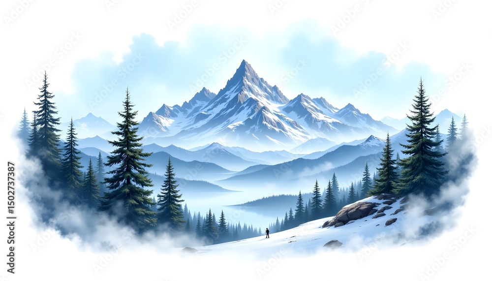 Fototapeta premium Serene Mountain Landscape with Snow-Capped Peaks and Pine Trees