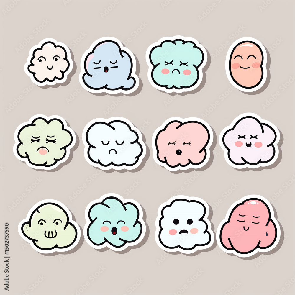 Obraz premium Minimalistic kawaii brain and cloud emotion sticker pack for fun use