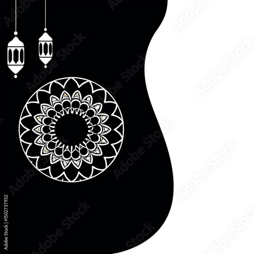 Luxurious golden mandala design with black background and decorative ribbon, ideal for upscale invitations or branding, Islamic icon set