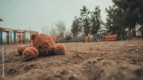 Lonely teddy bear lying on empty playground ground during gloomy day, symbol of lost childhood, abandonment, emotional sadness, loneliness, and missing children awareness in public outdoor park