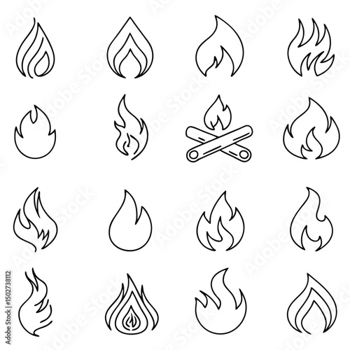 fire icons set in line style, flames, flame of various shapes,bonfire vector illustration