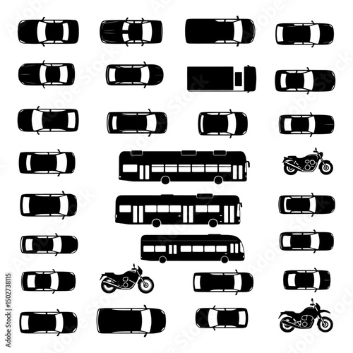 Architectural Drawings vehicles silhouette vector illustration, top view, car, transportation Minimal style hand drawn.