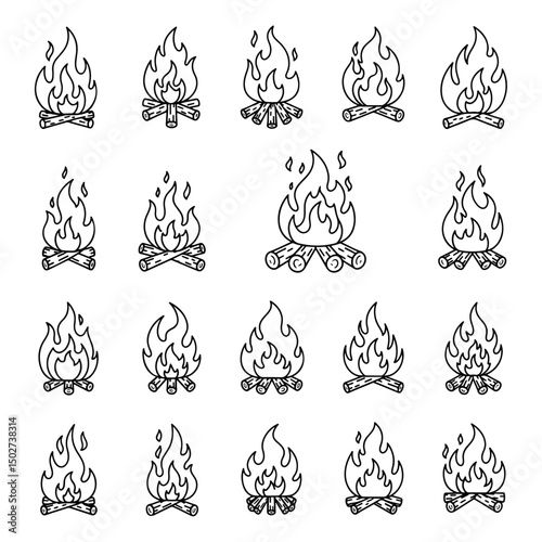 Collection of Minimal Line Art Campfire Icons – Hand-Drawn Vector Fire and Bonfire Symbols with Logs for Outdoor, Survival, Camping, and Adventure Design Themes