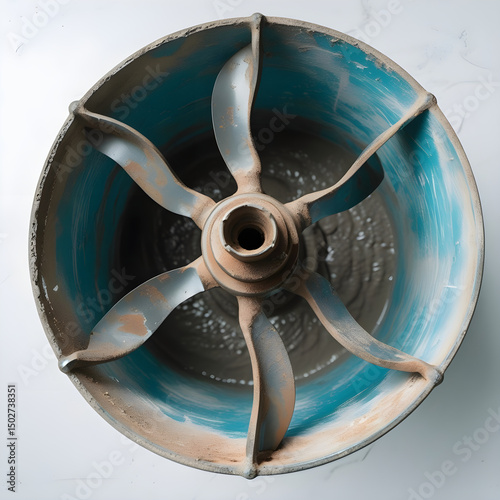 rusty mixer paddle, steel paddle, mortar mixer, masonry tools, worn construction tool, faded blue bucket, plastic bucket, dusty bucket, scratched bucket, paddle in bucket, mortar preparation, construc