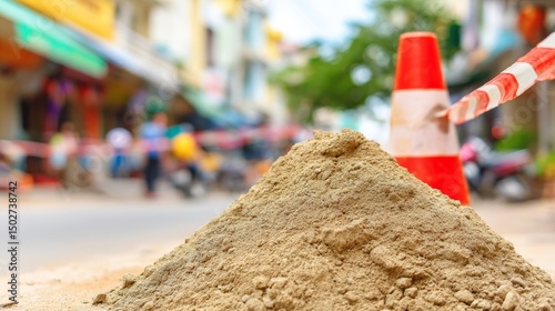 Pile of dirt surrounded by red warning tape on urban street during construction or roadwork, indicating public safety hazard, urban maintenance, infrastructure repair and civil engineering activity