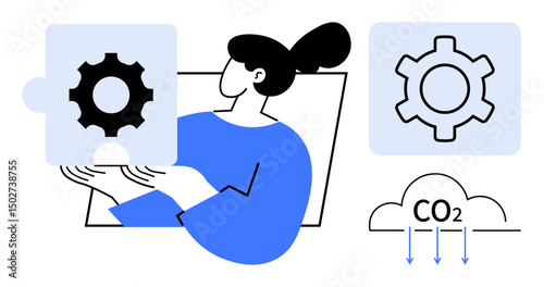 Woman holding a puzzle piece with gear graphic, next to CO2 cloud and arrows. Ideal for sustainability, innovation, problem-solving, technology, teamwork, eco-efficiency, simple landing page