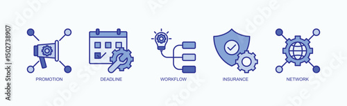 Essential Keys To Success Icon Set Isolated Vector With Icon Of Promotion, Deadline, Workflow, Insurance, Network In Blue Style
