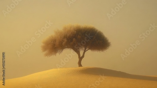 Solitary desert tree on a dune, hazy golden light