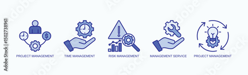 Mastering Management Icon Set Isolated Vector With Icon Of Project Management, Time Management, Risk Management, Management Service, Project Management In Blue Style