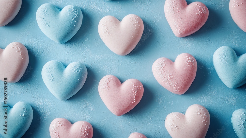 Fototapeta premium Pastel Pink and Blue Heart Shaped Bath Bombs on Blue Background