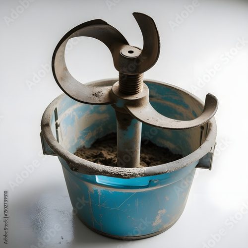 A worn, rusty steel mixer paddle with subtle signs of usage, its curved blades and central axle prominently displayed, resting inside a faded blue, slightly scratched and dusty plastic bucket, symboli