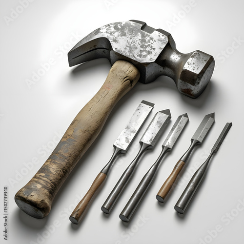 A worn, rugged hammer with a weathered wooden handle and a heavy, steel head, paired with a selection of flat and pointed chisels, some with slight rust and scratches, laid out in a neat arrangement o