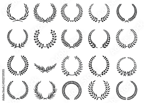 Collection of different black and white silhouette circular laurel foliate and oak, wreaths depicting an award, heraldry, achievement, victory, crown, winner, ornate, Vector icon illustration.