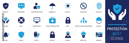 protection icon set. Perfect for security apps, cyber safety UI, antivirus dashboards, access control, and digital safety designs. Includes shield, lock, password, secure icons.