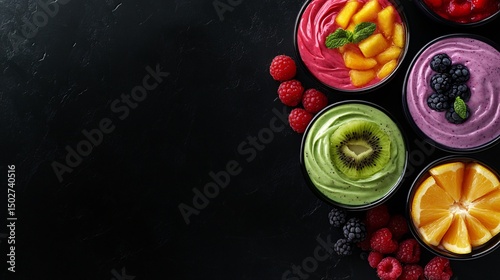 A great set of colored fruit smoothies with yogurt fresh fruit and berries ahealthy breakfast top view free space for your text on a black background fresh vegetables in a glass photo