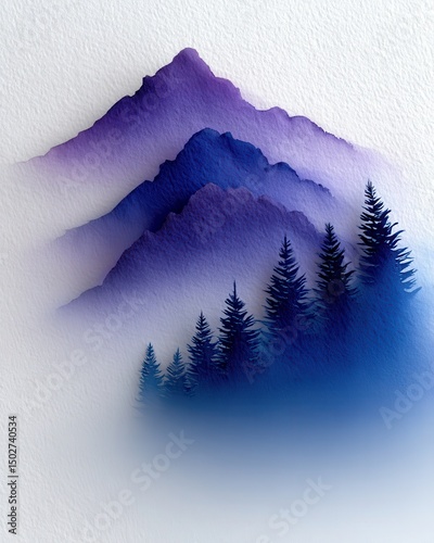 Misty Purple Mountains and Dark Trees Landscape