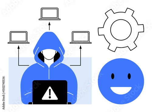 Hooded figure with alert on laptop, connected devices, gear, smiling face. Ideal for cybersecurity, hacking, risk, data protection, digital dangers information security simple landing page